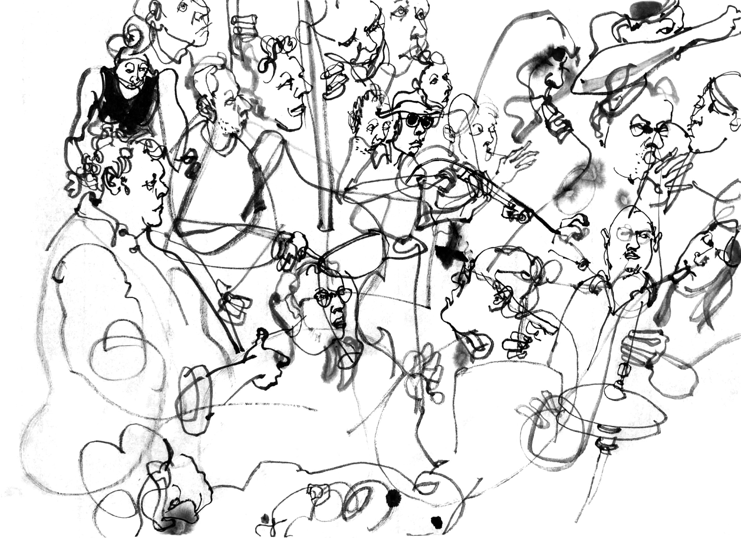 Ink drawing of multiple performers