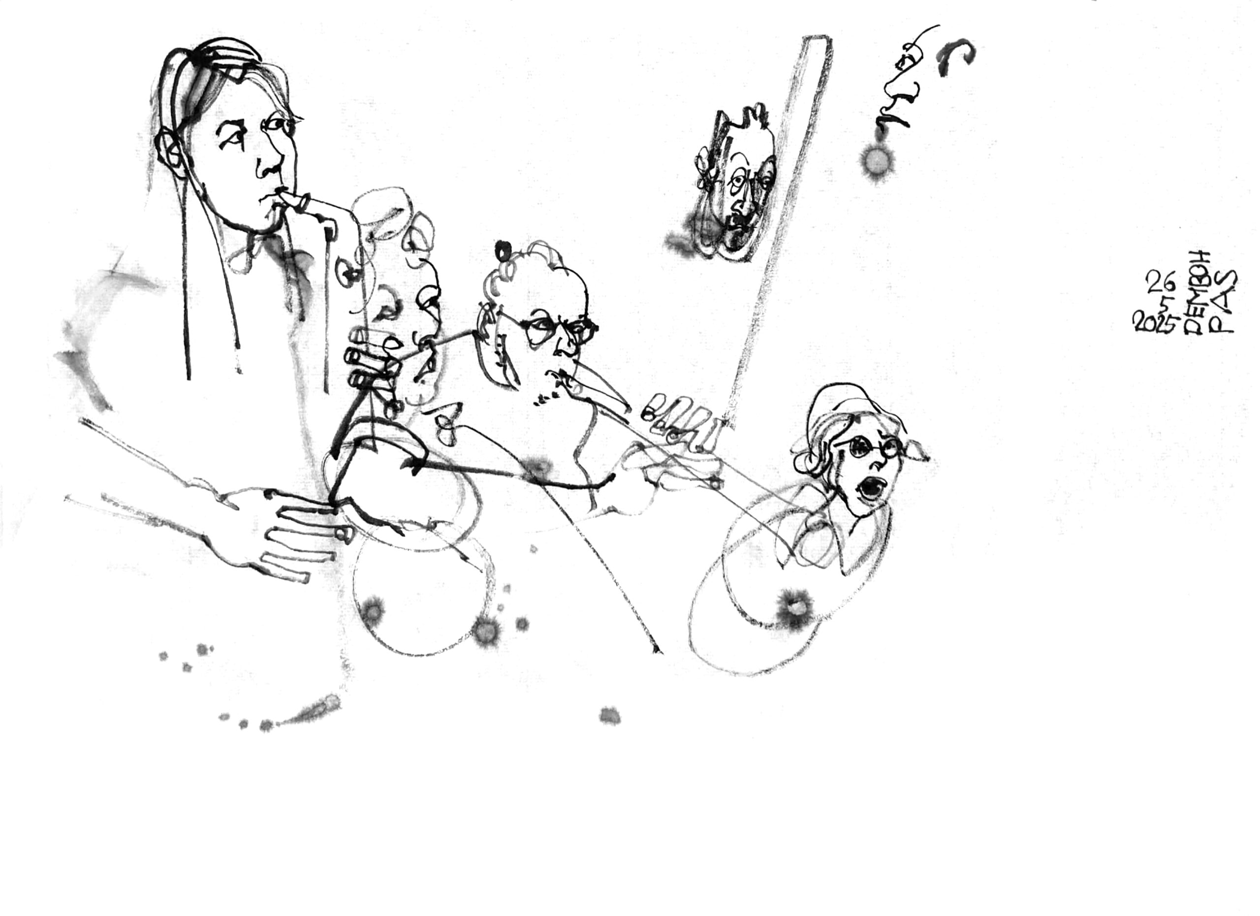 Ink drawing of multiple performers