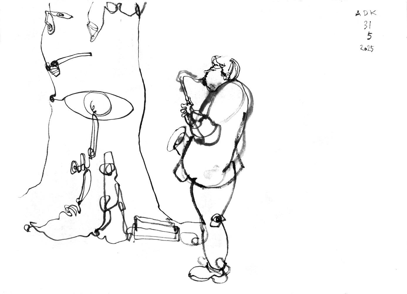 Tuschezeichnung eines Saxophonspielers neben einem Baum.