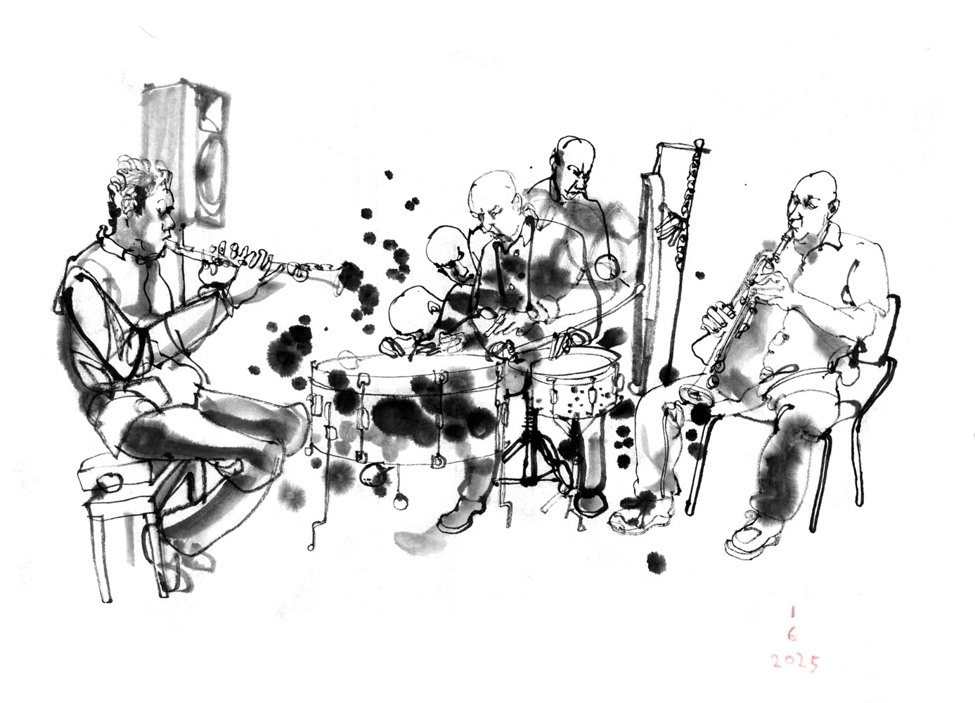 inkdrawing of three musicians, on the right and left men playing soprano saxophones , center a man on percussion, depicted multiple times.