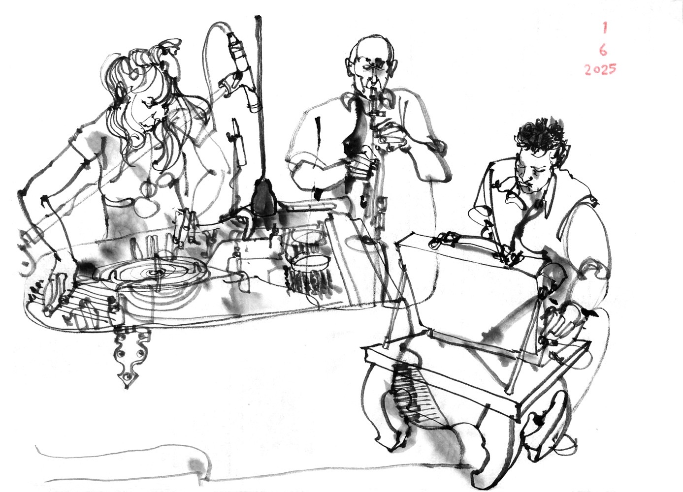 ink drawing of three musicians, on the left a woman playing diverse objects inside a grand piano, center a male soprano saxophones player and right a man on a case with electronics.