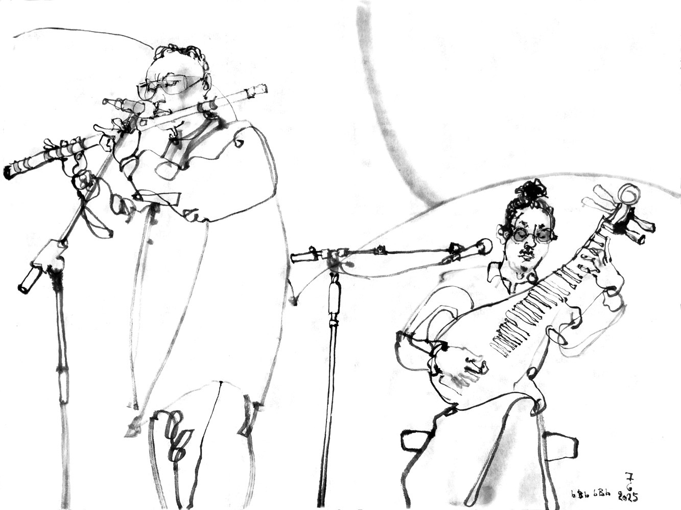 Tuschezeichnung zweier Musiker, ein Flötist und ein Pipa-Spieler.