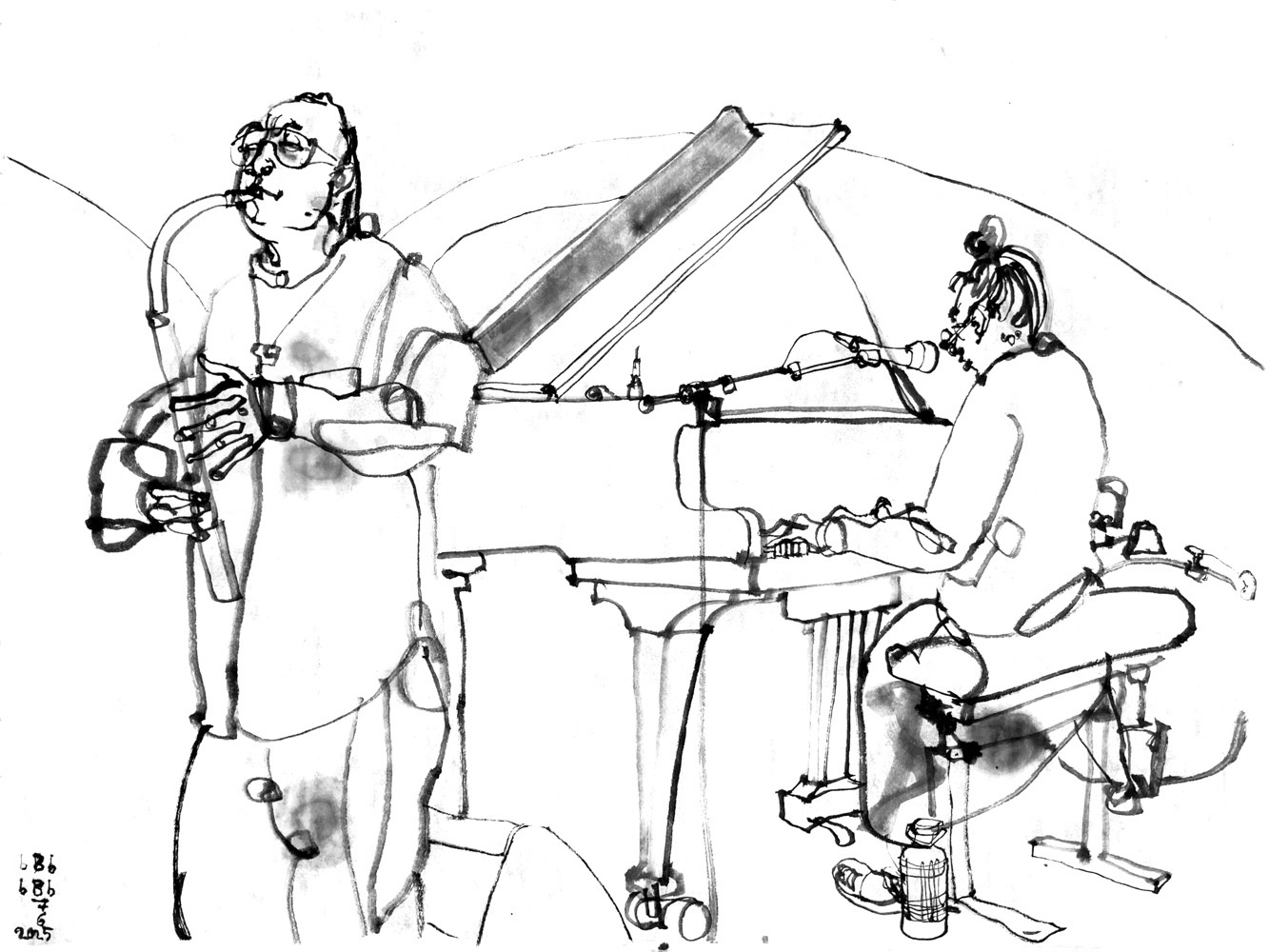 Tuschezeichnung zweier Musiker, ein Flötist und ein Pianist.