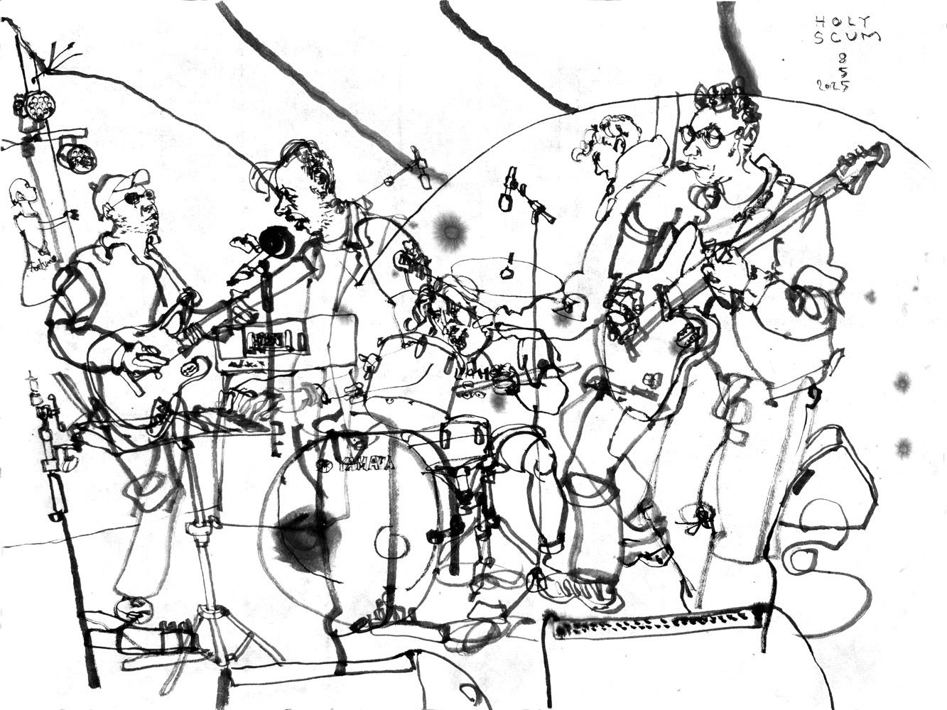 Tuschezeichnung von fünf Musikern, alles Männer, von links Gitarre, Keyboard/Gesang, Drums,Bass, Gitarre.