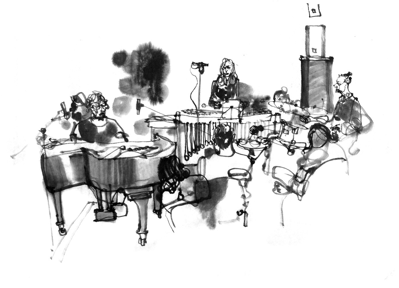 Ink drawing of three musicians on stage. A man at a piano and singing, a woman at the vibraphone and a drummer. Audience in front.