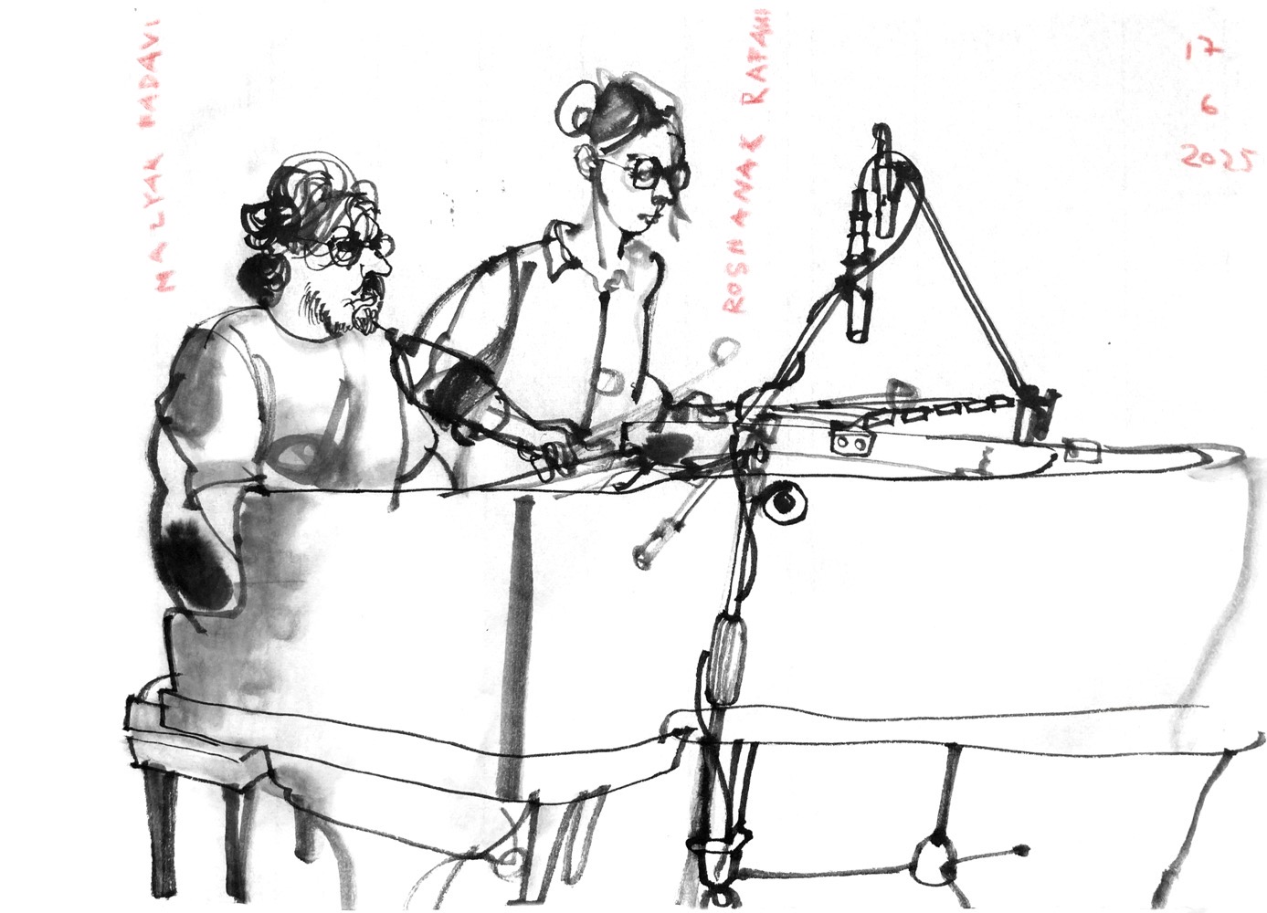 Ink drawing of two musicians, a piano player and a woman at a vibraphone.