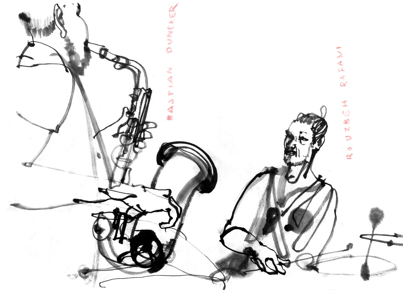 Ink drawing of two musicians, a man on saxophone and a nother man on drums.