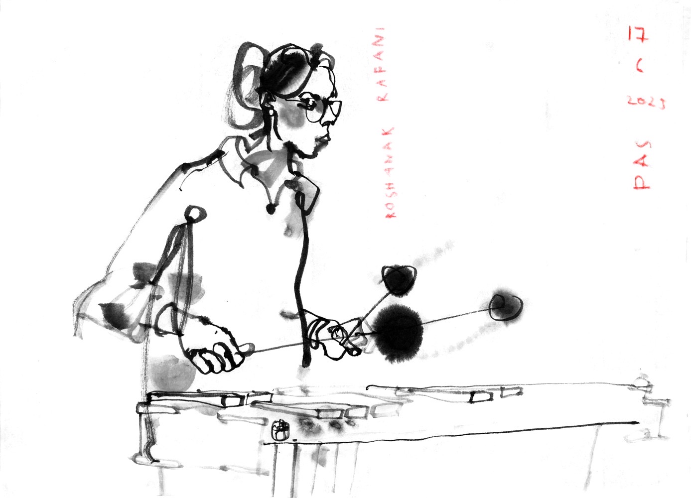 Ink drawing of a woman, playing vibraphone.
