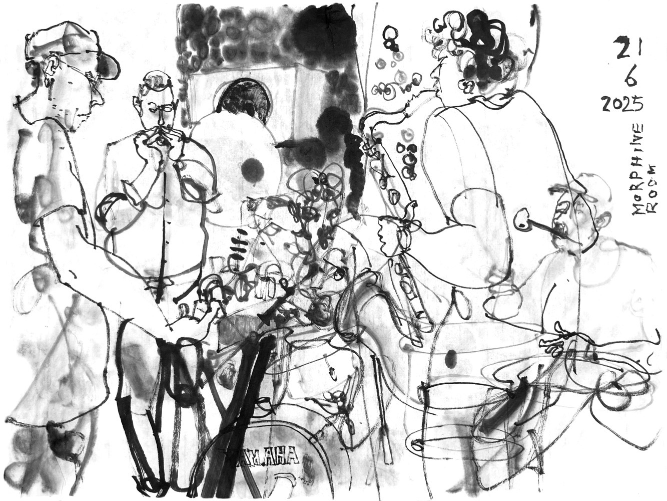Ink drawing of five musicians, all male, performing in a circle.