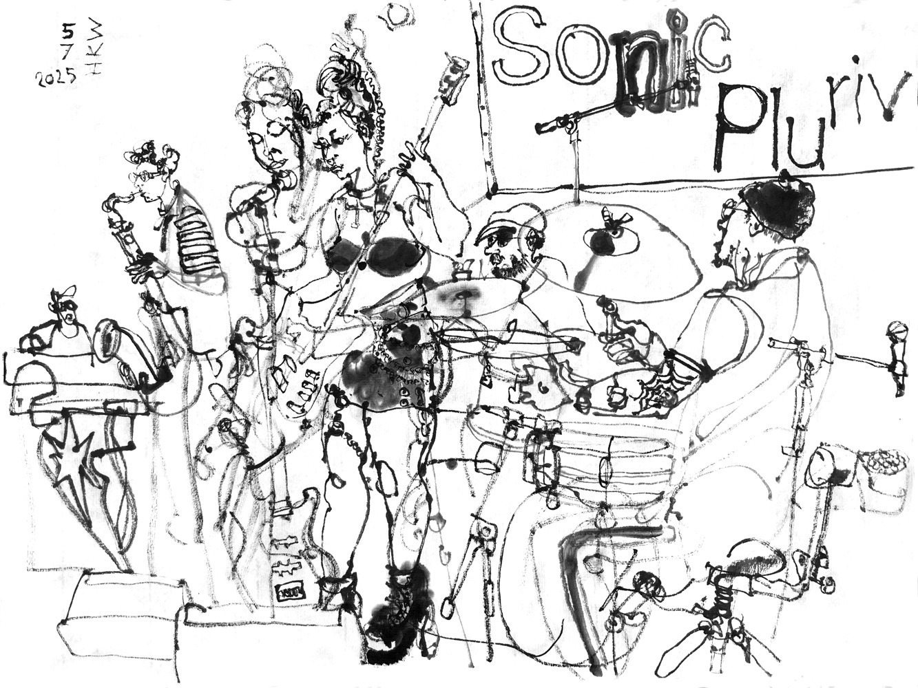 Inkdrawing of a band performing on an open air stage, left a man playing saxophone, middle a woman playing electric bass (depicted twice), behind her a man at keyboards and on the right a man playing drums.