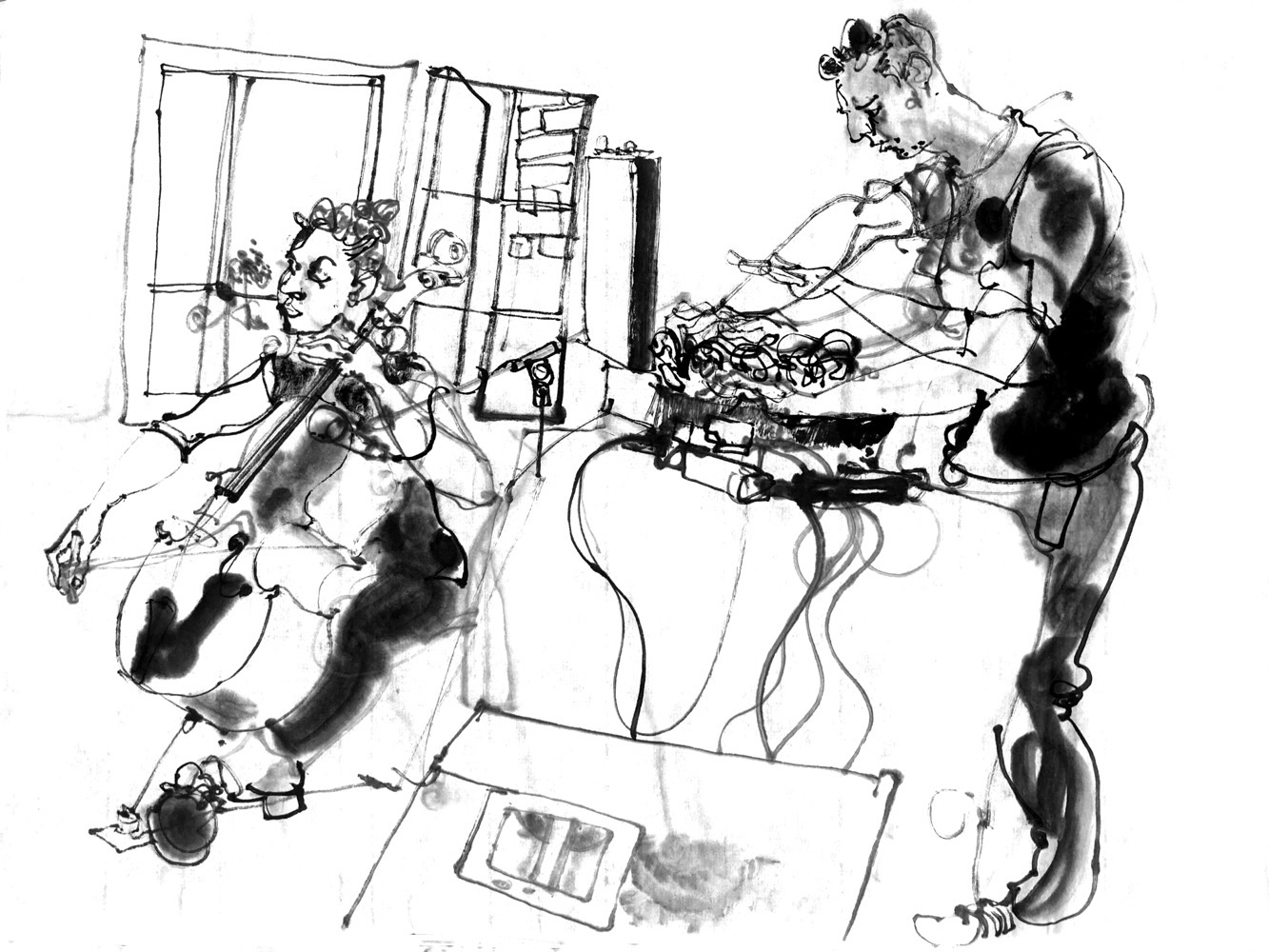 Ink drawing of two musicians, a woman playing cello and a man standing at a modular synthesizer.