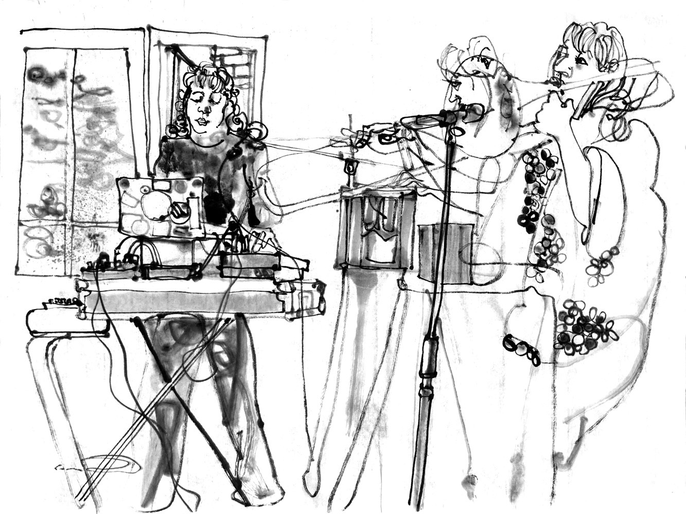 Ink drawing of two female musicians.