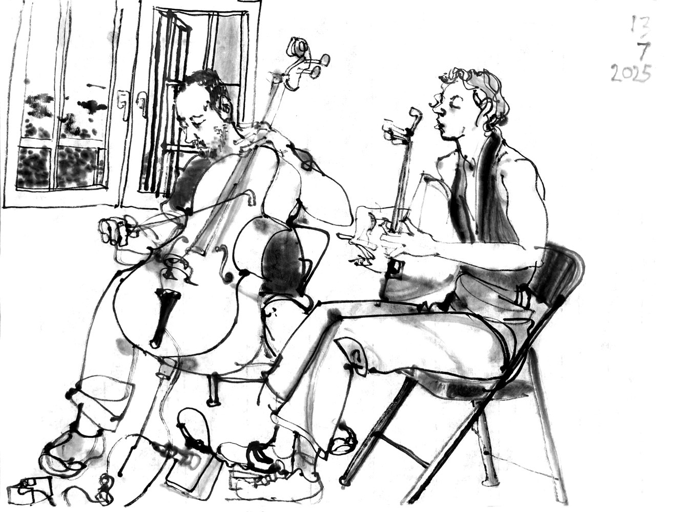 Ink drawing of a man, playing cello and a woman, playing tanbur.