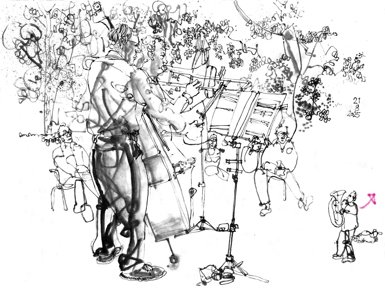 Inkdrawing of two male musicians, upright base and trombone, playing outdoors in front of an audience, sitting on garden chairs, trees in the background. The trombine player is depicted small in the lower right corner, walking through the garden, this time playin tuba.