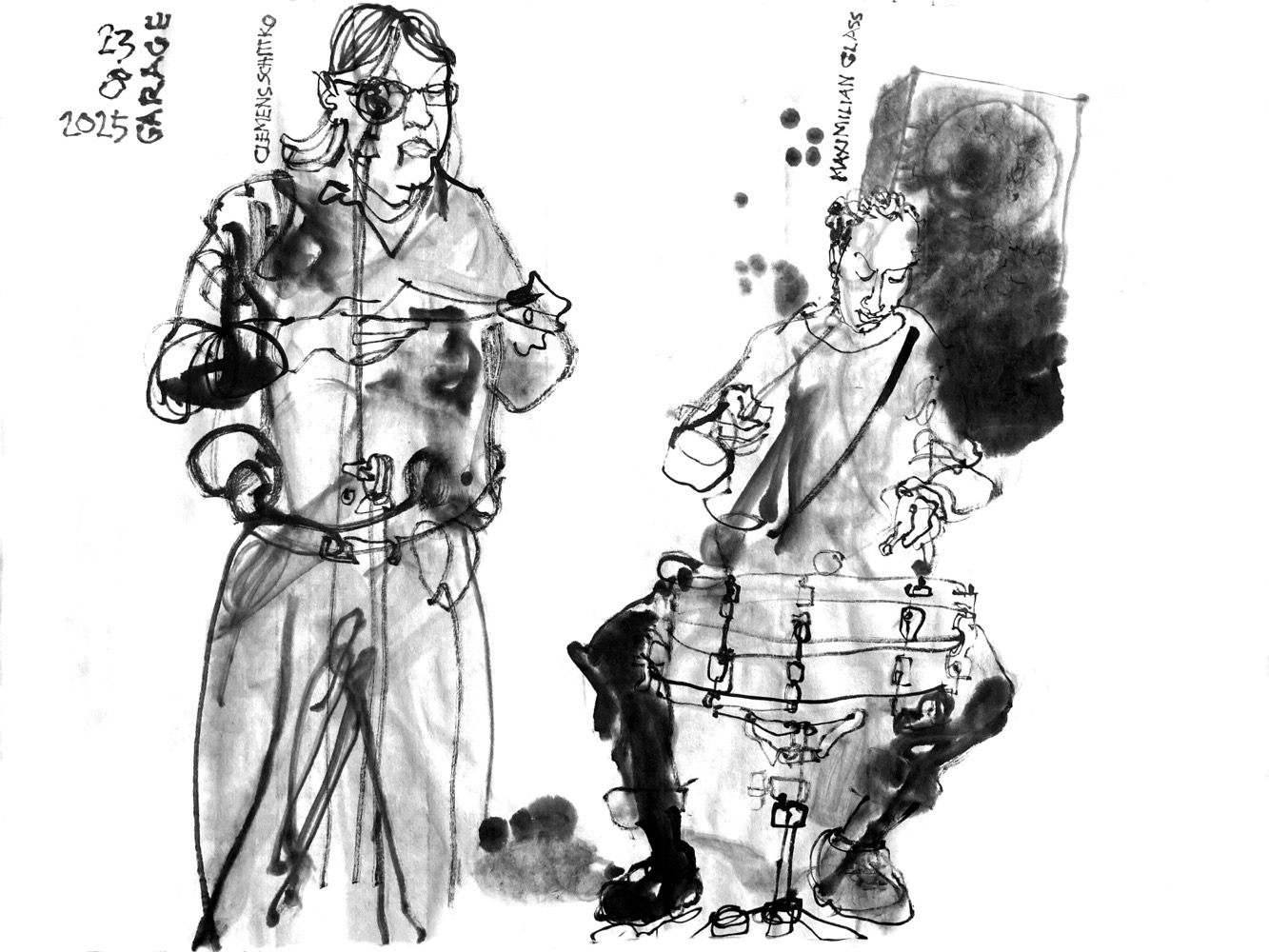 Inkdrawing of a man, standing and reading and another man, sitting at a snare drum.