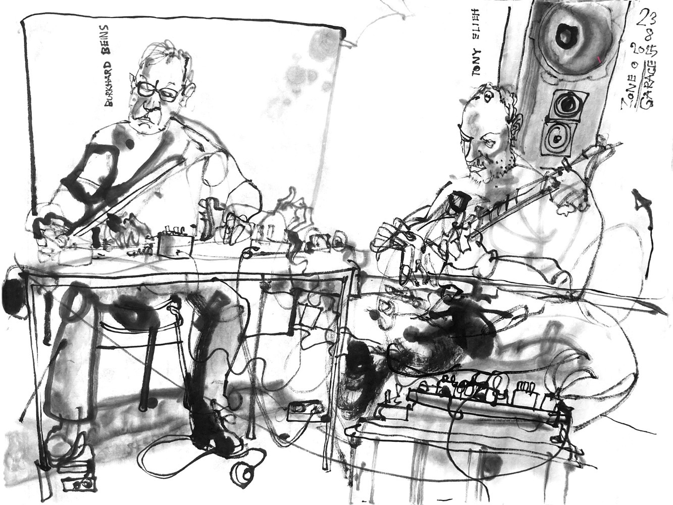 Ink drawing of two men, playing e-bass, conected with a lot of electronic stuff, both sitting.