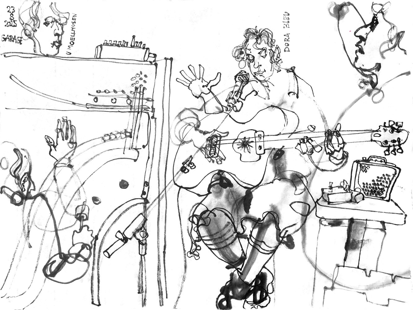 Inkdrawing of a man, performing around an upright piano (seen from the back), depicted in 3 positions and a woman, playing guitar and narrating and singing, sitting on a high stool.