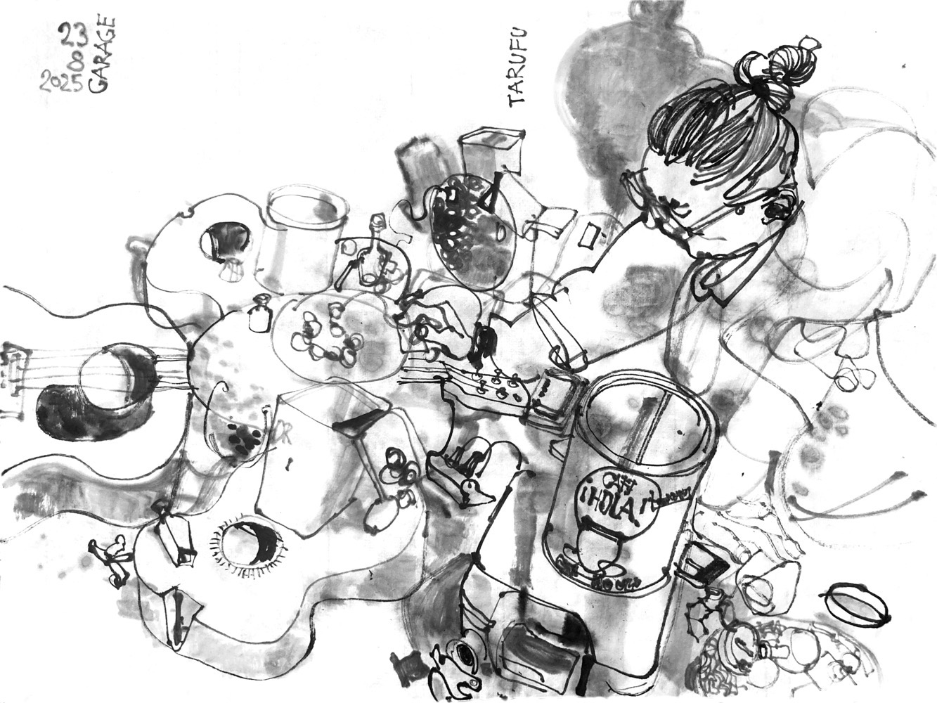 Ink drawing of a man, kneeing in front of diverse objects (three guitars, two of them without necks, tin cans and containers, gongs etc.). He is manipulating them, using three smartphones and a small mix desk, that are connected to servos and speakers inside or attached to the objects.