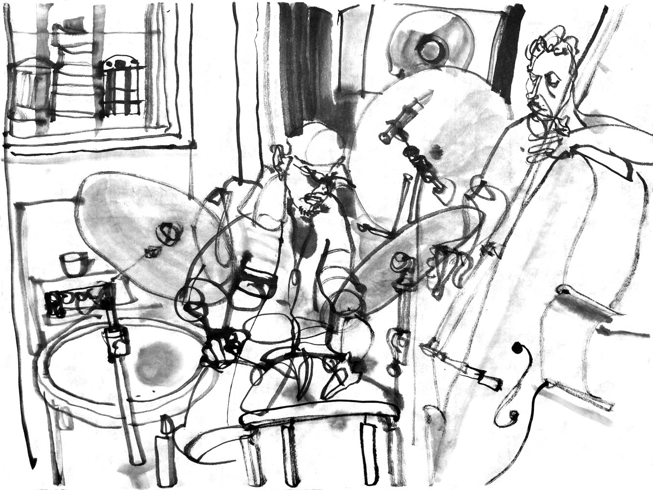 Ink drawing of a man on drums and another man playing upright bass.