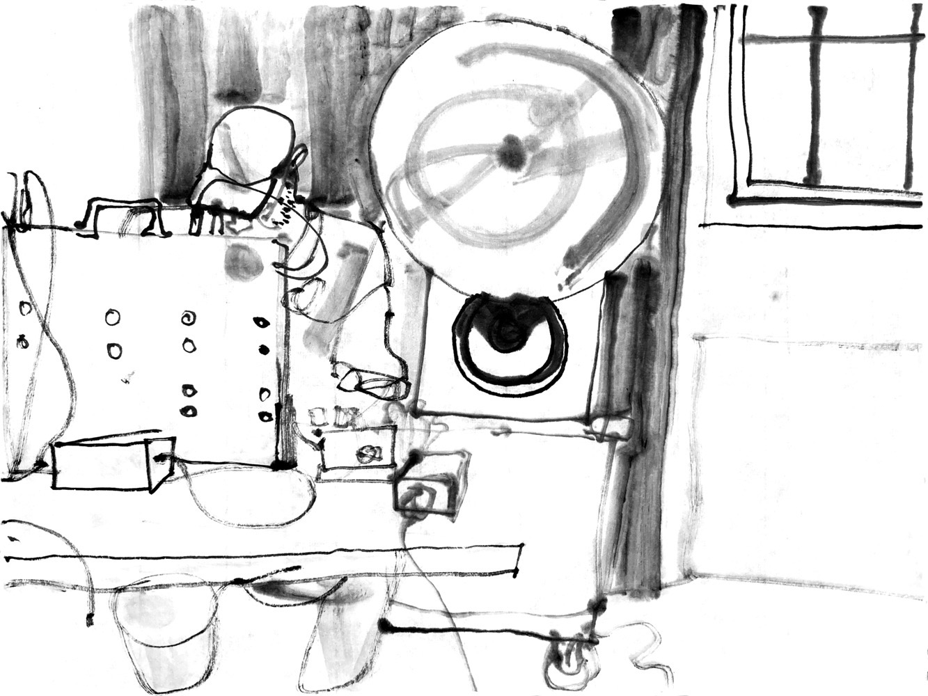 Ink deawing of a man, sitting behind a modular syntetizer, loudspeakers behind him.