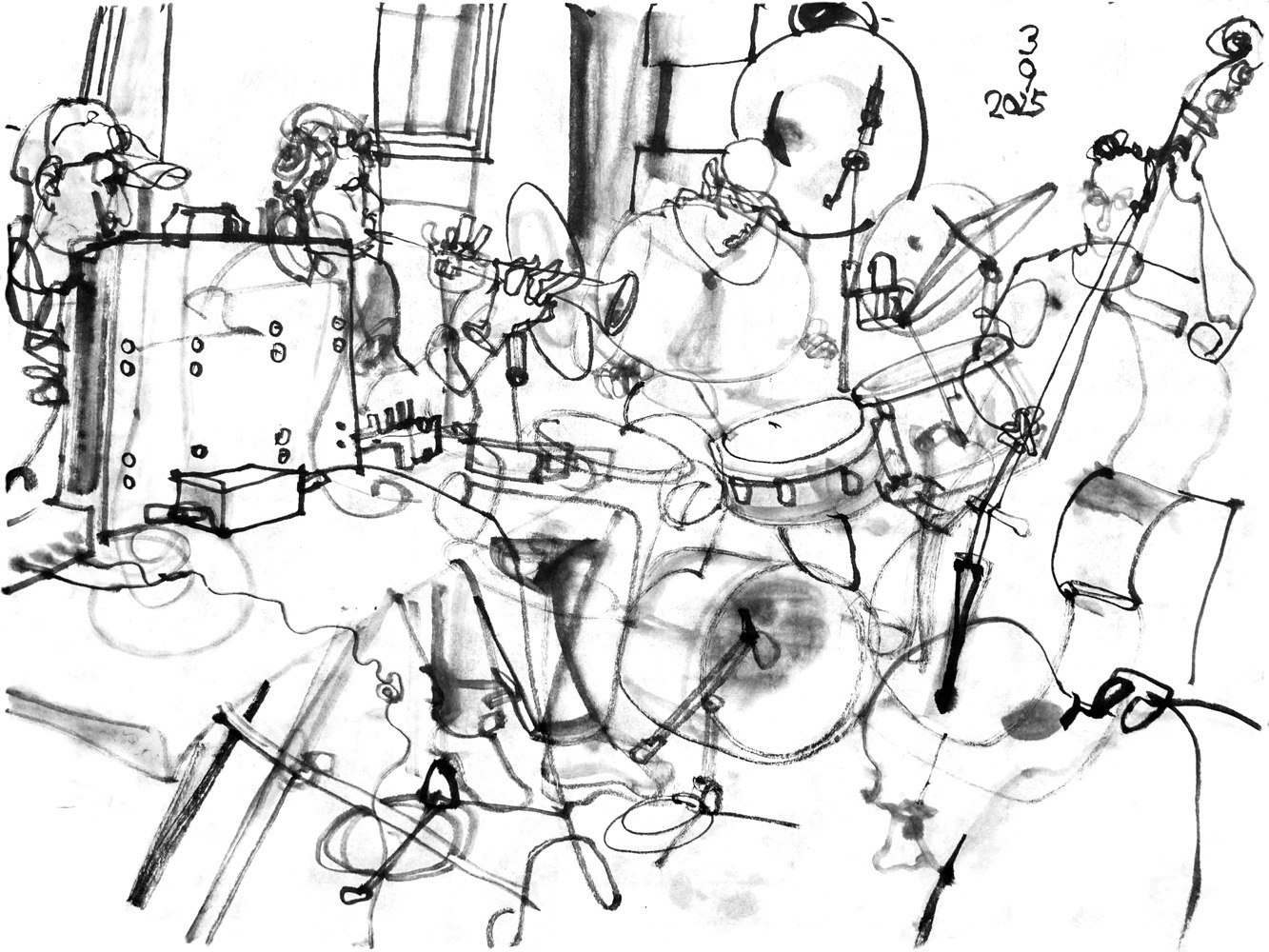 Ink drawing of four male musicians, performing: modular syntethizer, saxophone, drums and bass. audiene in front right.