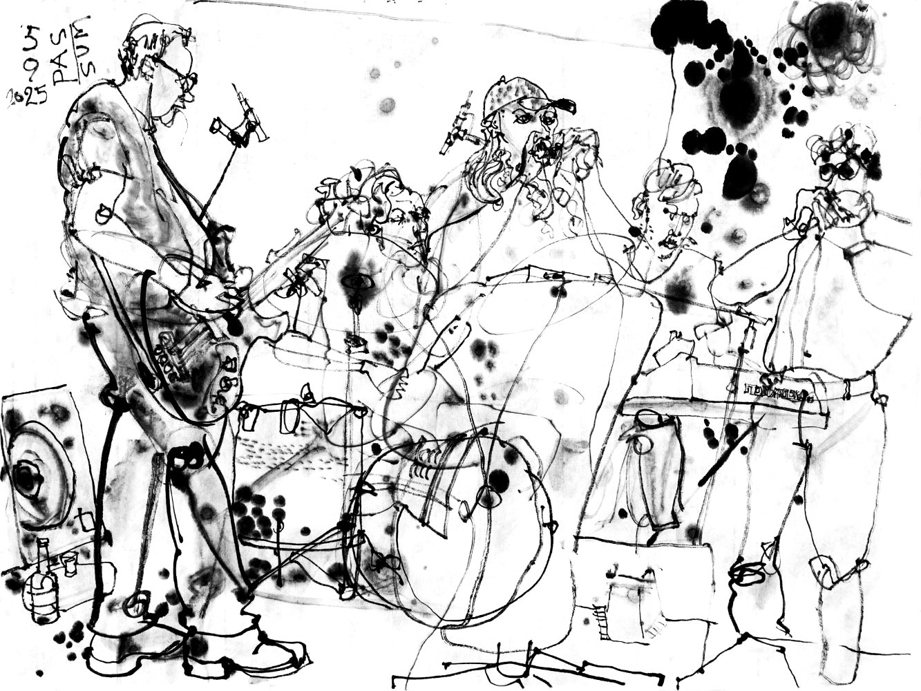 Ink drawing of five male musicians performing e-bass, drums, voice, polyvoks and something,