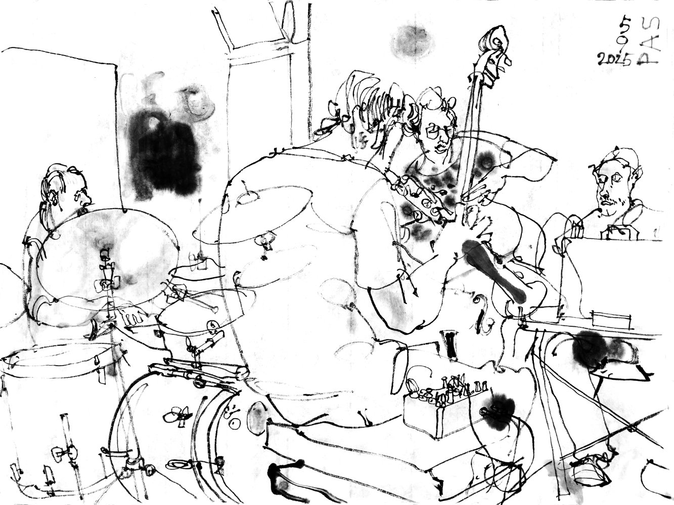 Ink Drawing of four mal musicians, performing drum, saxophone, bass and syntethizer.