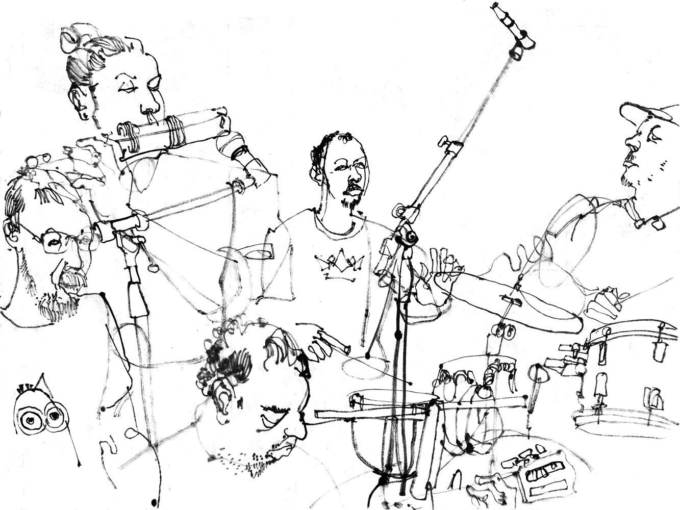 Ink drawing of five male performers.