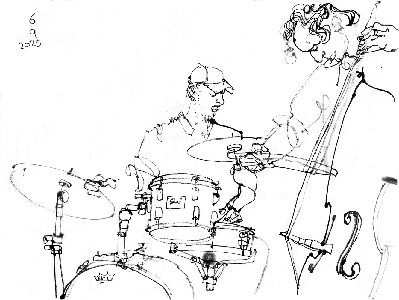 Ink drawing of a man on drums and another man playing double bass.