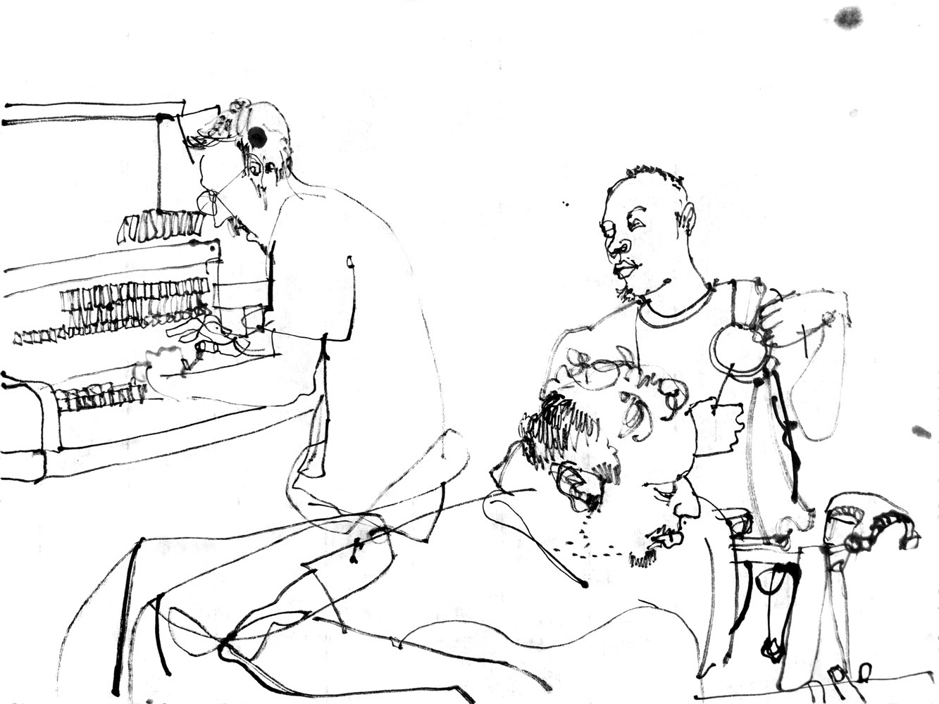 Ink drawing of three men performing piano, percussion and guitar.