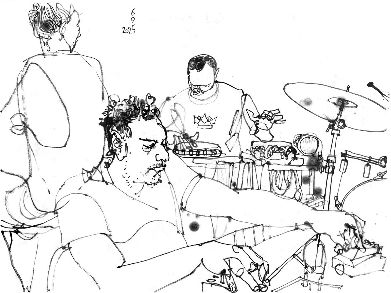 Ink drawing of three men performing piano, percussion and electronics