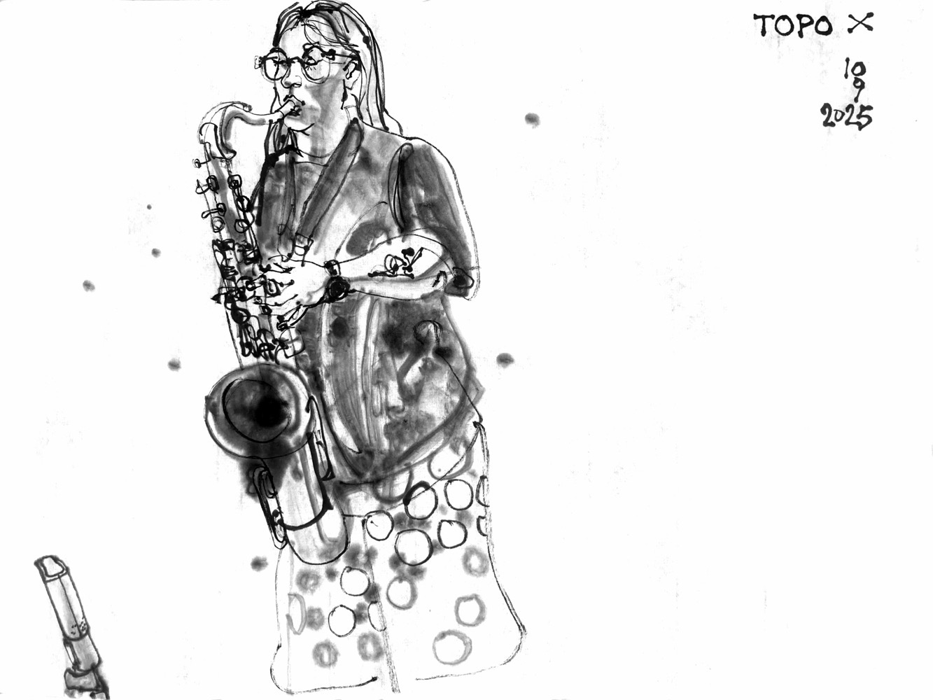 ink drawing of a woman, playing saxophone.