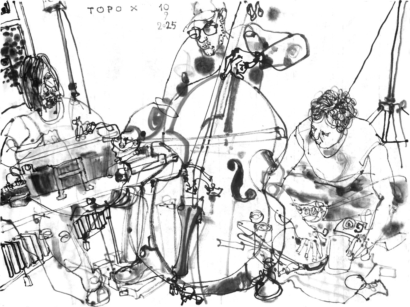 ink drawing of a man behind a desk with syntethizers, another man playing double bass and a third man, using a potters wheel snd objects for sound creation.
