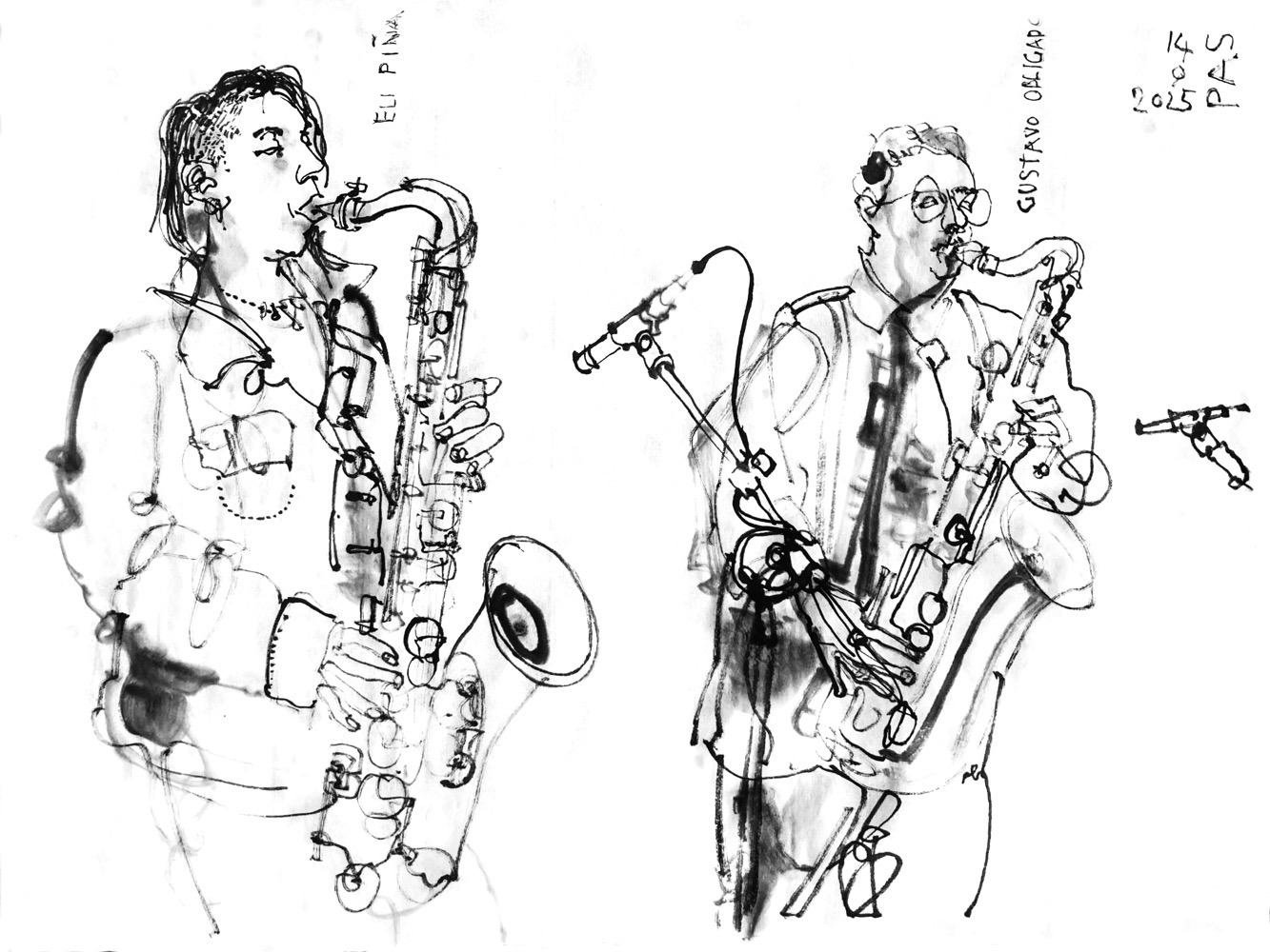 Inkdrawing of a woman, playing saxophone and a man playing saxophone, too.