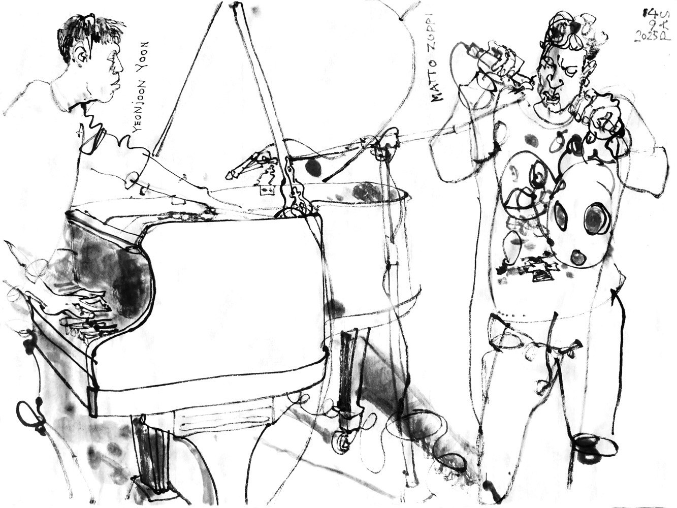 Inkdrawing of a man, standing and playing a piano and another man, doing voice performance, mics in both hands.