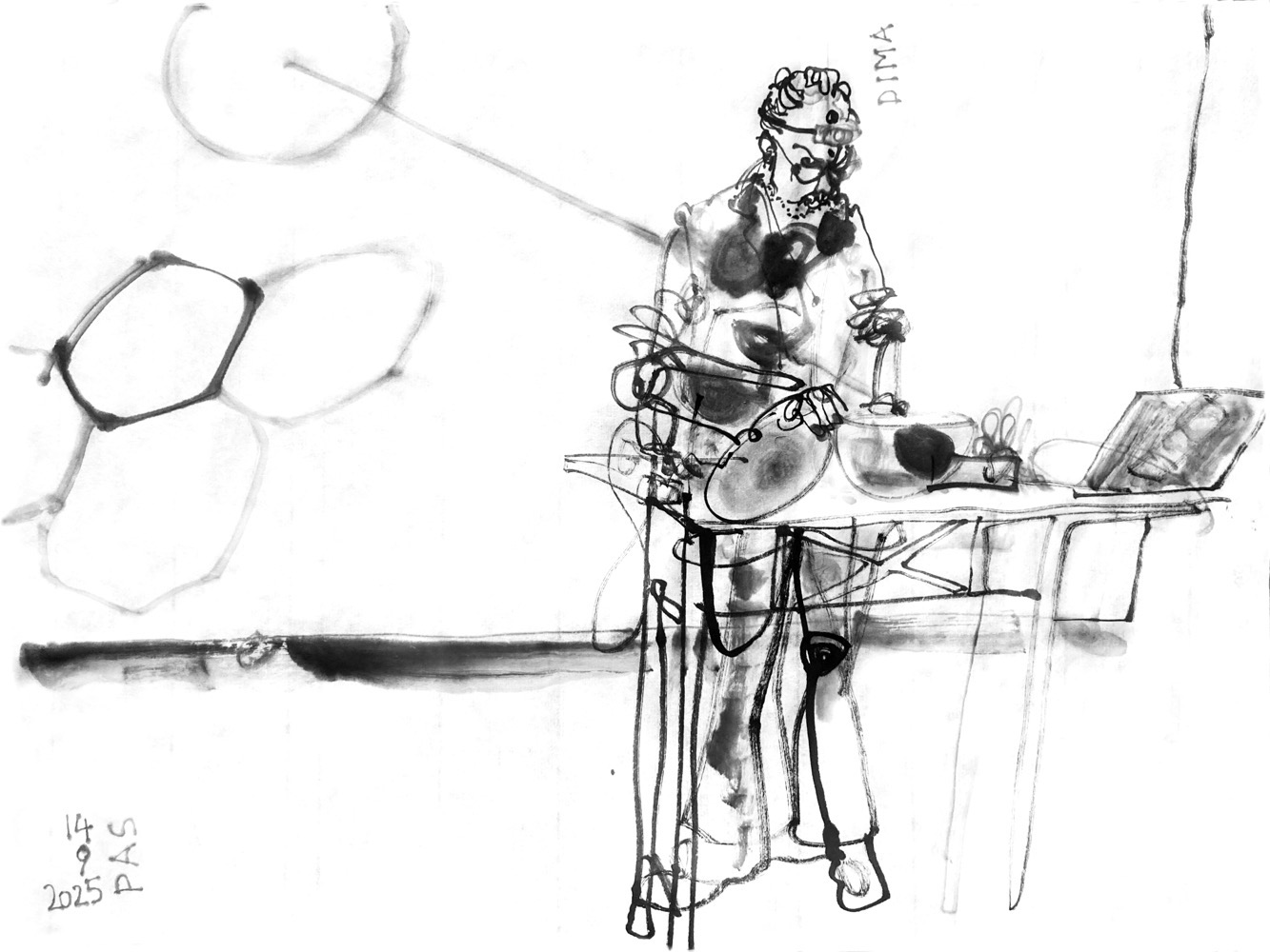 Ink drawing of a man, standing behind a desk with electronic devices and a bowl, wearing a headlight, abstract visuals projected on a screen behind him.