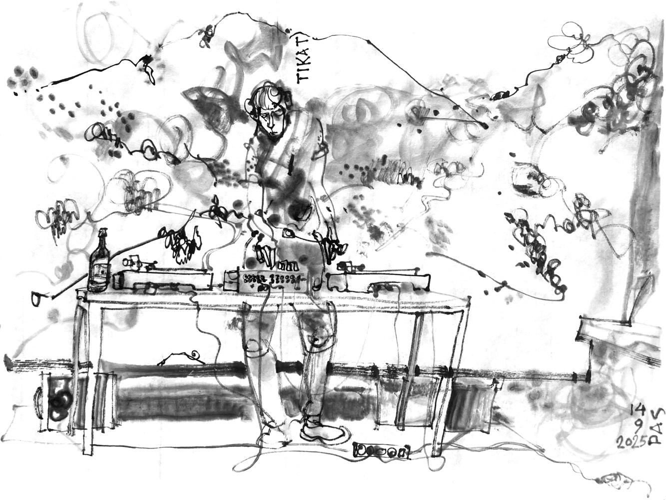 Ink drawing of a woman behind a desk with two turntables in front of a screen with an alpine landscape panorama projected on it.