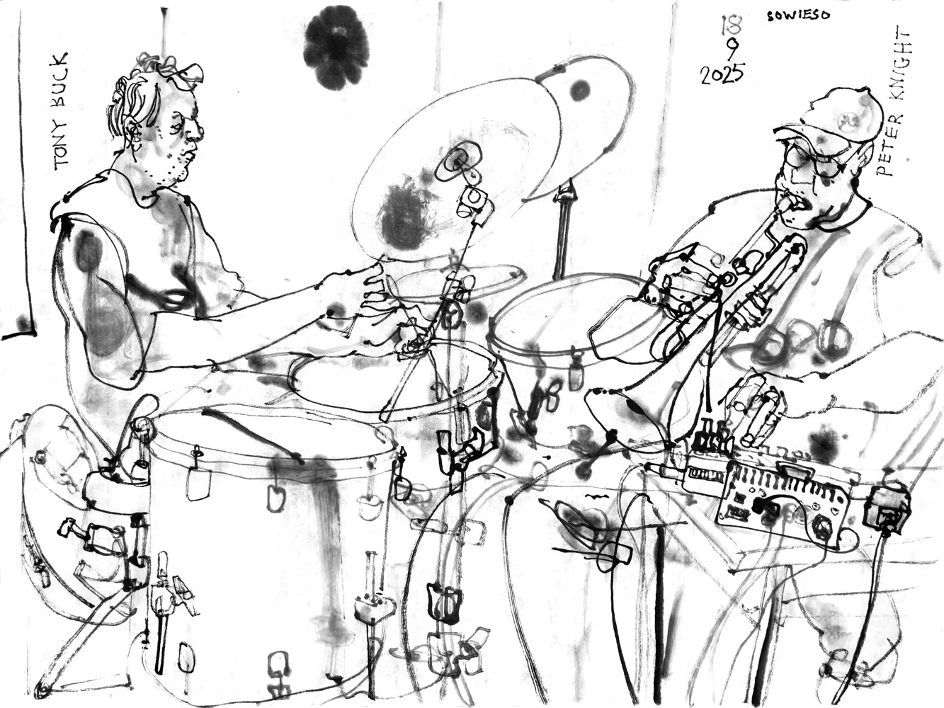 Ink drawing of two men performing drums and trumpet + electronics.