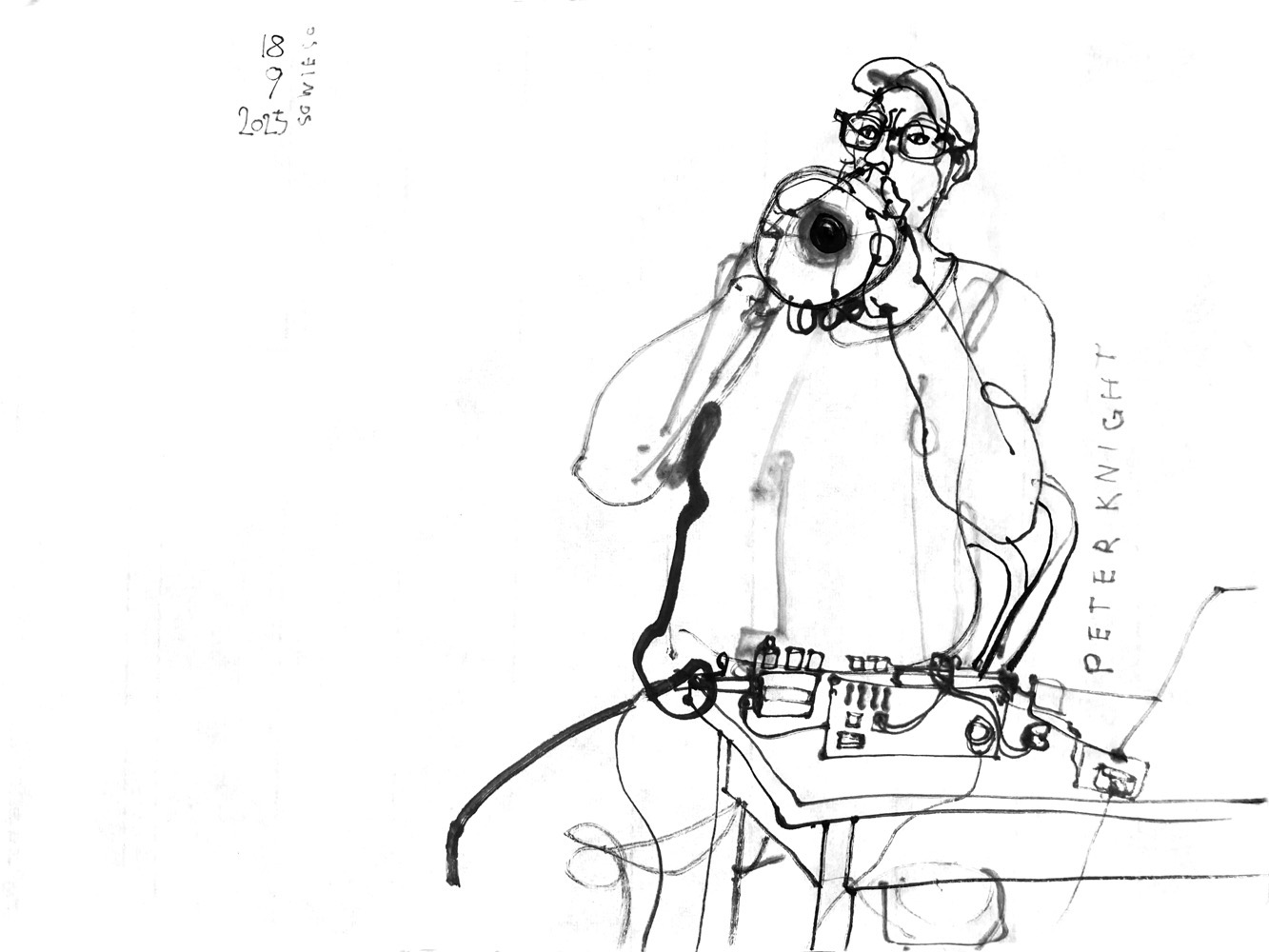 Ink drawing of a man playing trumpet.