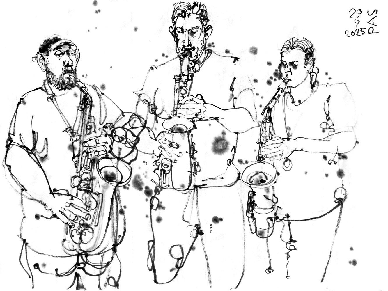 Ink drawing of three men, playing saxophone.