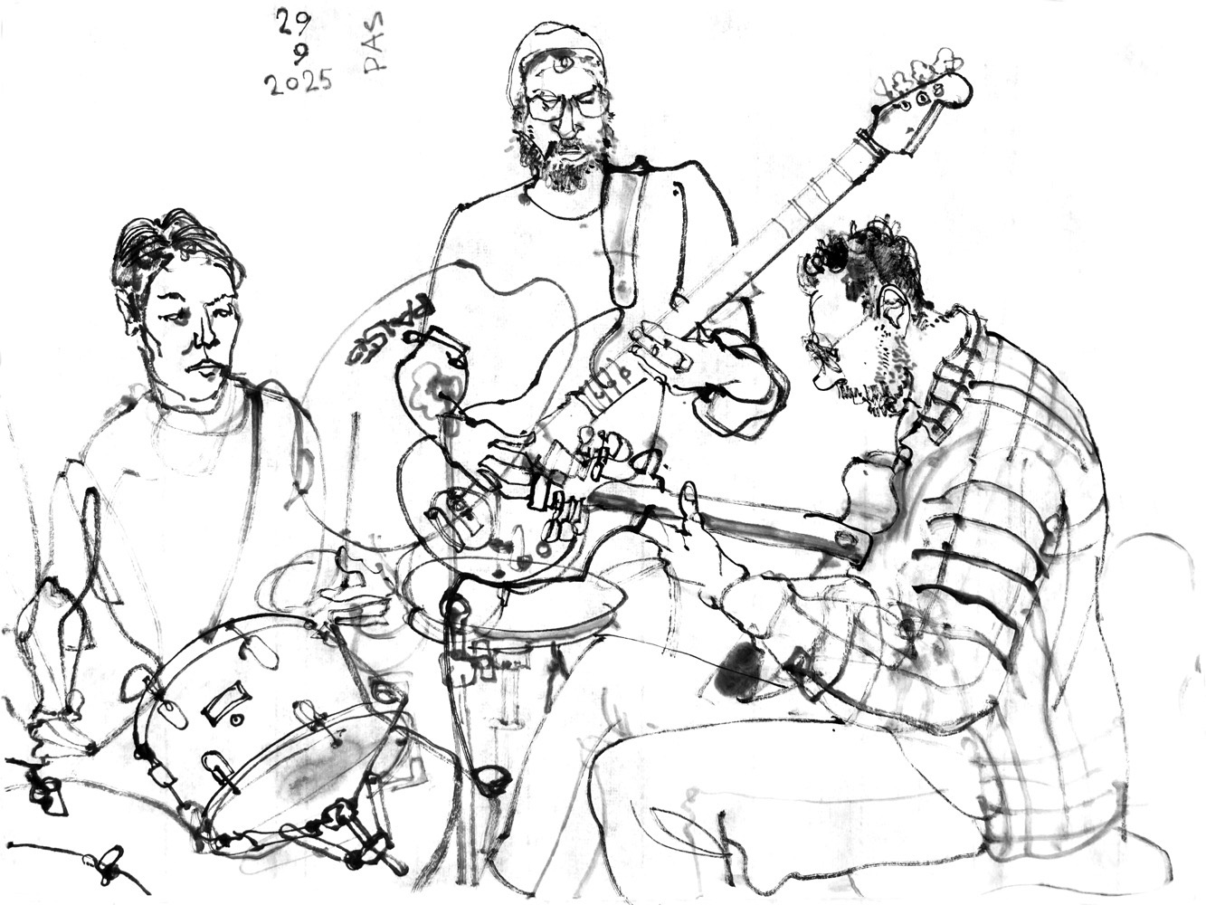 Ink drawing of three men on stage, playing drums, e-bass and guitar.