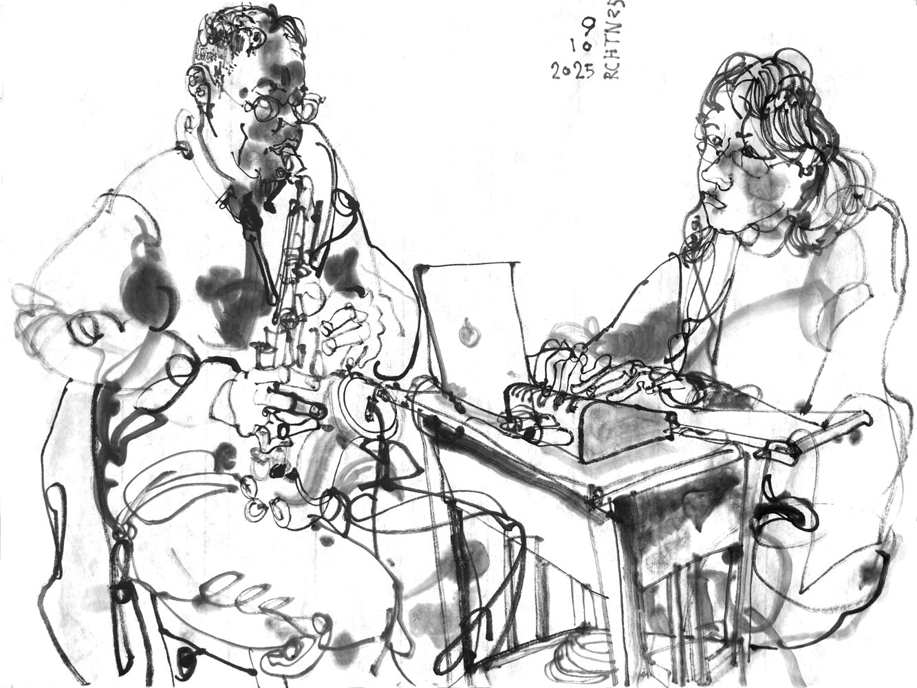 Ink drawing of a man, playing saxophone and a woman at a desk with a laptop and other devices.
