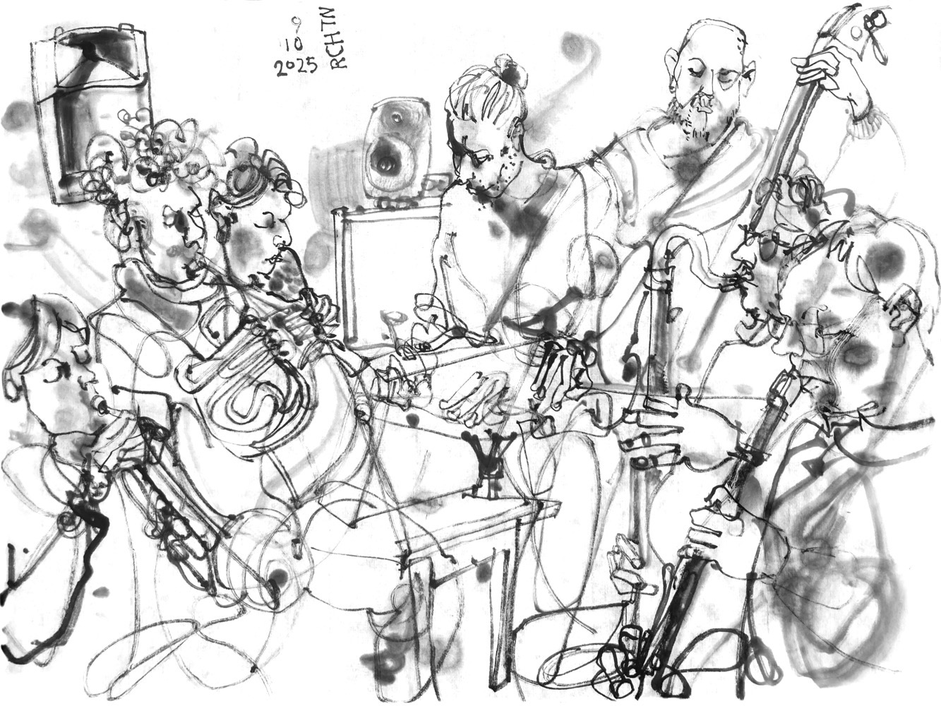 Ink drawing of seven musicians, performing.