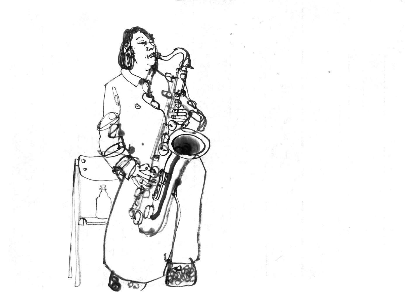 Ink drawing of a woman, playing saxophobe.
