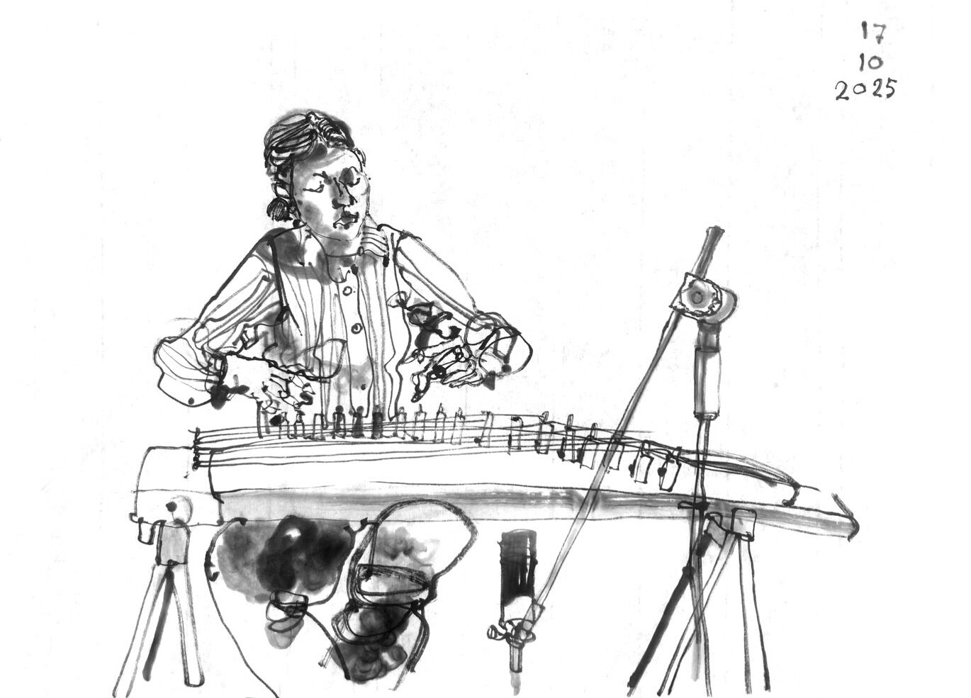 Ink drawing of a woman playing zheng (12 string zither)
