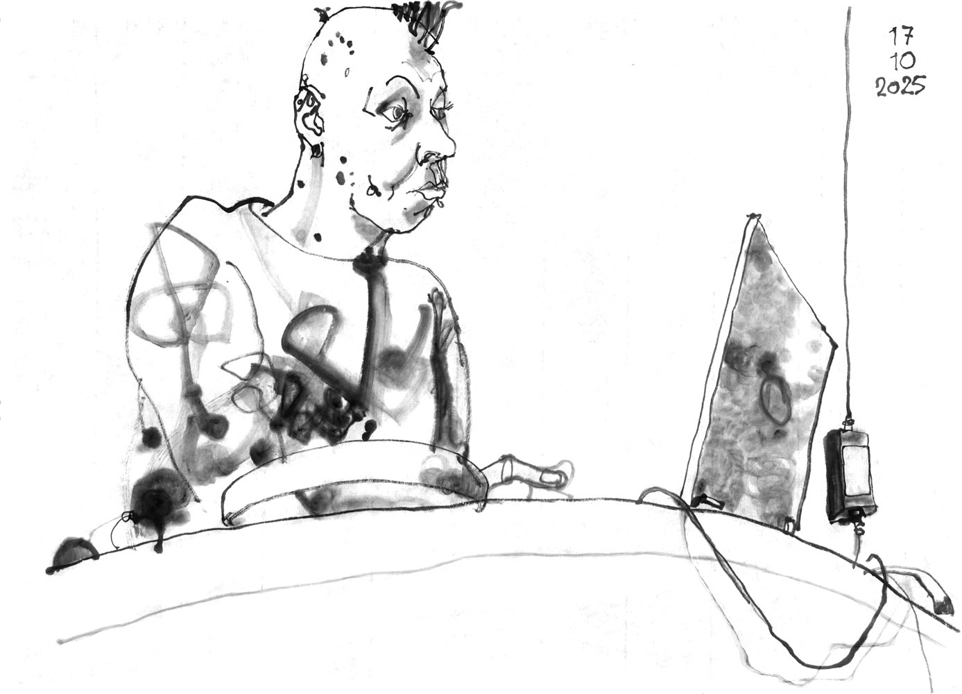 Ink drawing of a man at a desk with a laptop and some percussion instruments.