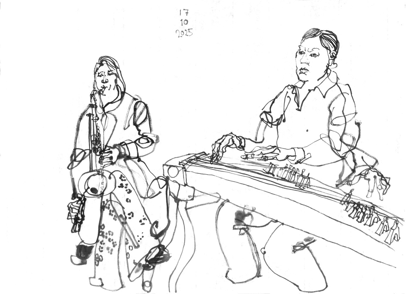Ink drawing of a woman, playing saxophone and another woman, playing zheng.