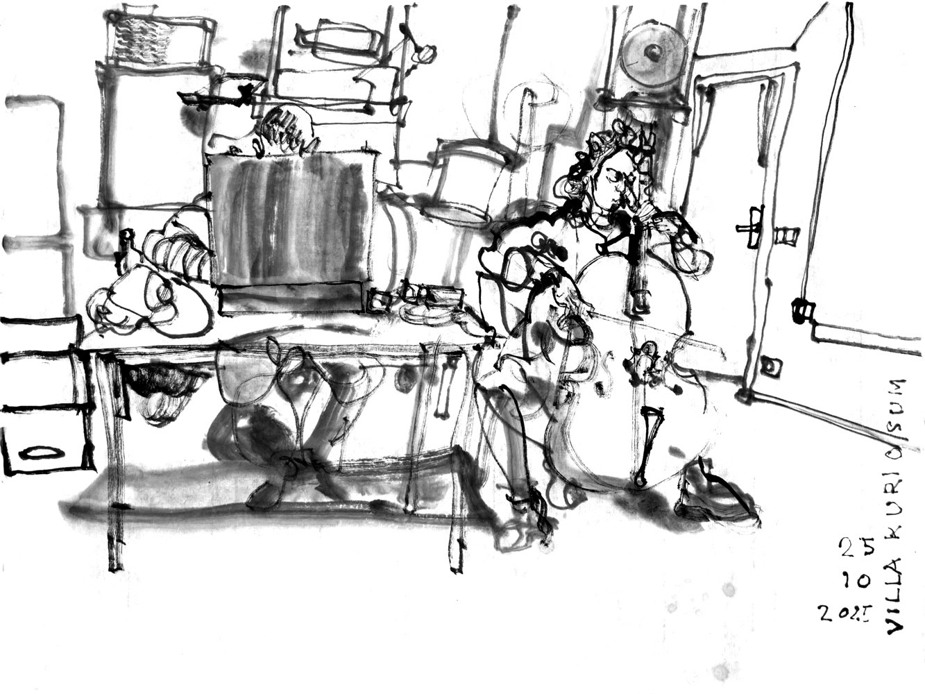 ink drawing of a man sitting (hidden) behind a modular synthesizer on a table and a woman, playing cello.