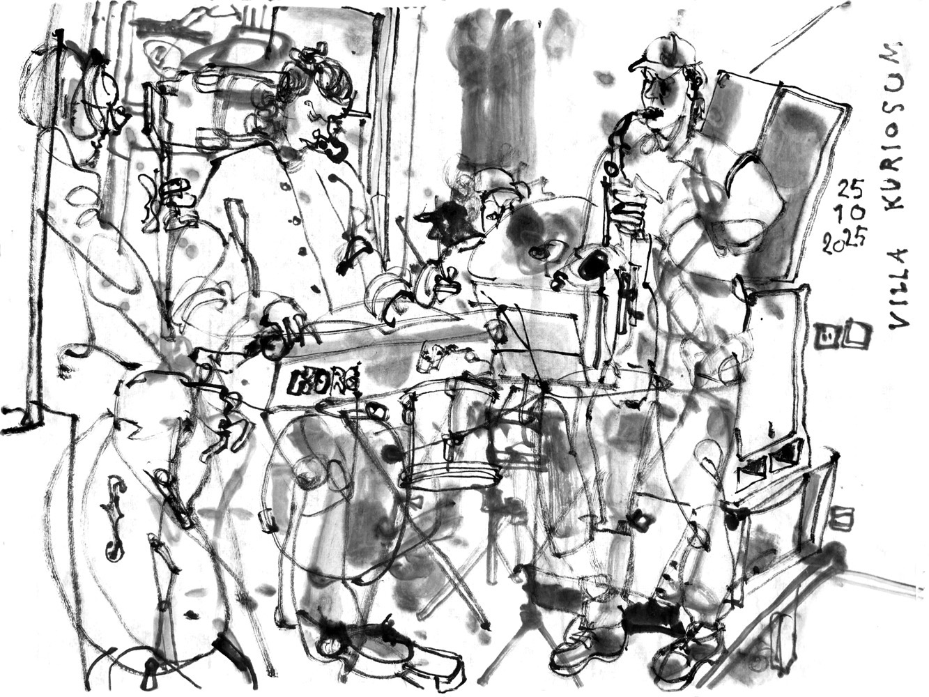 ink drawing of four musicians performing on a narrow stage: a man on bass guitar, a eoman at a keyboard, a man playing drums and another man, playing saxophone.