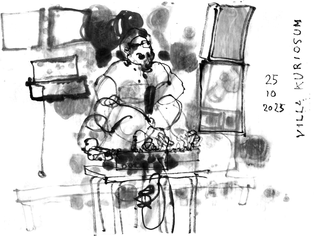 ink drawing ofa man standing behind a desk with two electronic devices, wearing a thick coat and a headlamp.